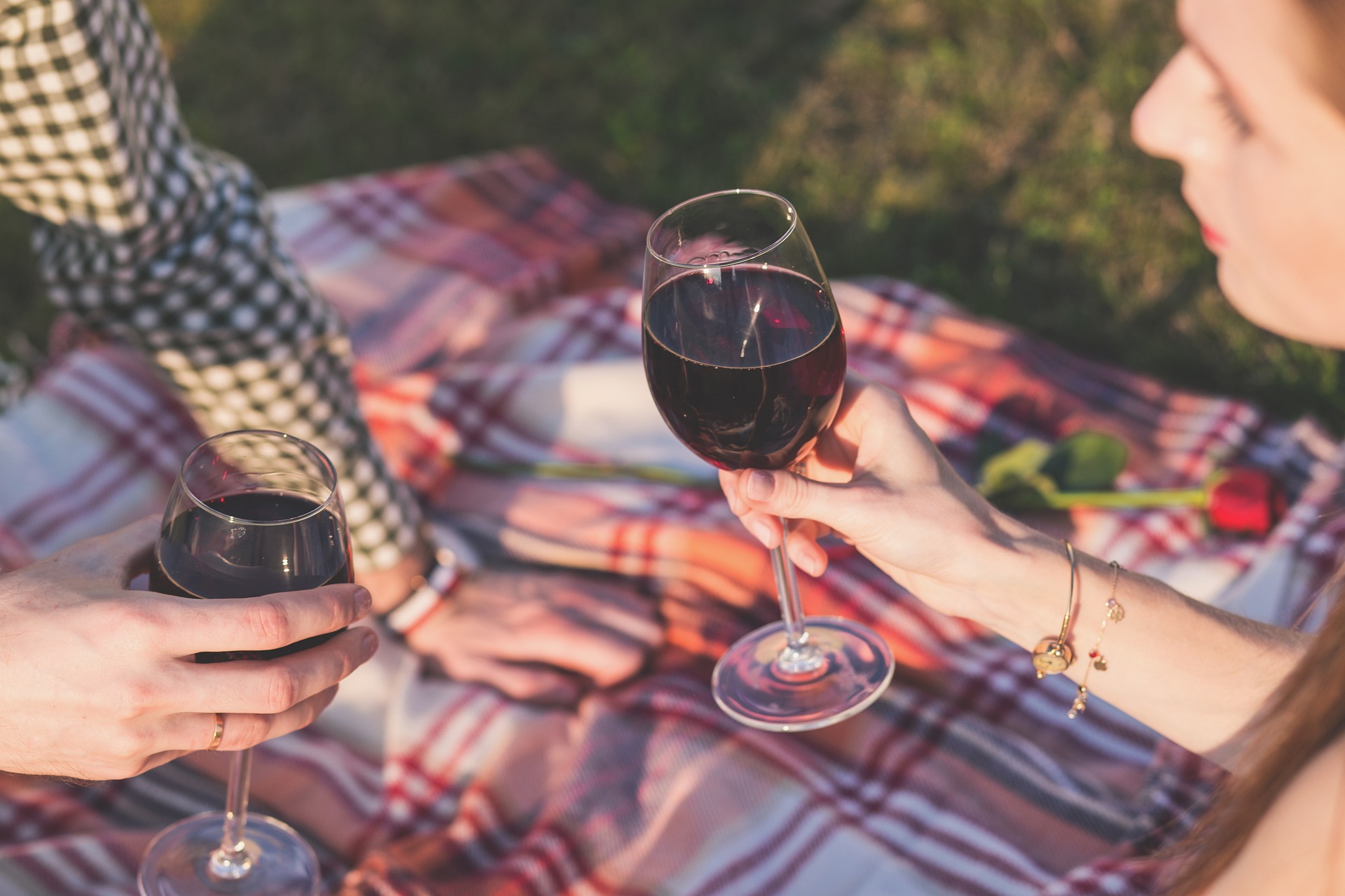two people have picnic on meadow drinking red wine