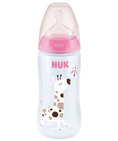 Babyflasche mit Temparature Control Anzeige in rosa mit Giraffe und Schmetterling