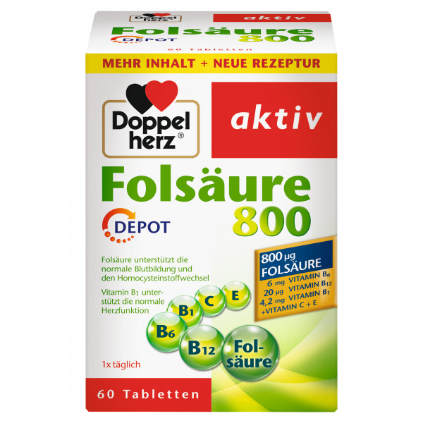Doppelherz Folsaeure 800 + B6 + B12 + C + E Depot 60 Tabletten, 64,3g, Nahrungsergänzung