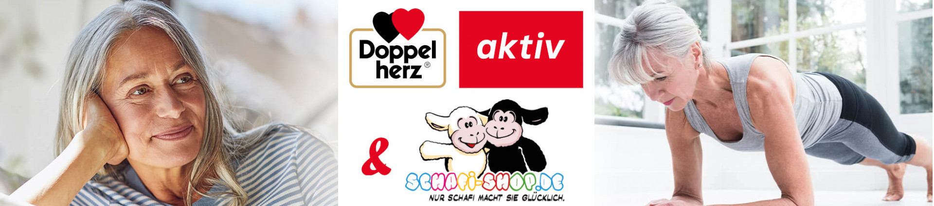Logotipo de Doppelherz Aktiv y logotipo de Schafi-Shop con señora mayor