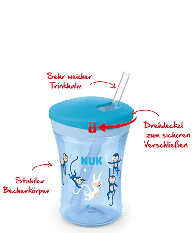Le Nuk Action Cup a une paille très douce, un couvercle rotatif pour une fermeture sûre et un corps de gobelet solide