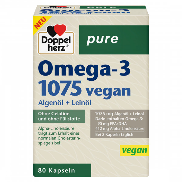 Mit wertvollen Omega-3-Fettsäuren aus 1075 mg Algenöl und Leinöl bei 2 Kapseln täglich
