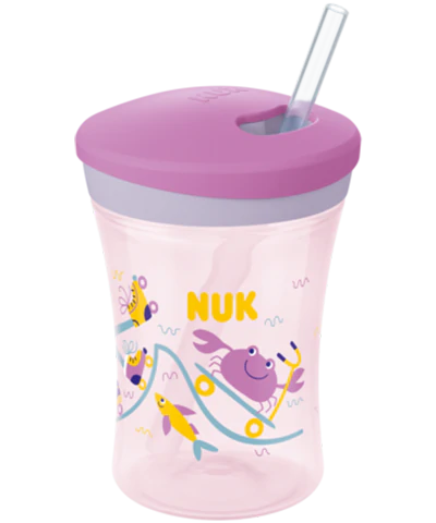 NUK Action Cup 230ml mit Trinkhalm pink mit Krebsen