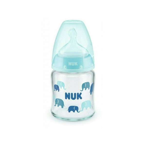Glasflasche für Babys in blau mit Elefanten