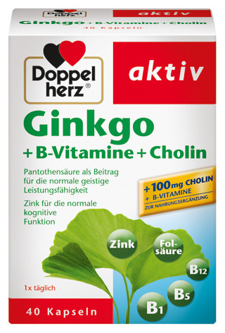 Ginkgo doble corazón + vitaminas del complejo B + colina, 40 cápsulas