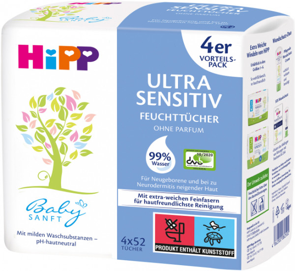 Hipp Baby Soft Wet Wipes Ultra Sensitive, pack of 4 (208 wipes)