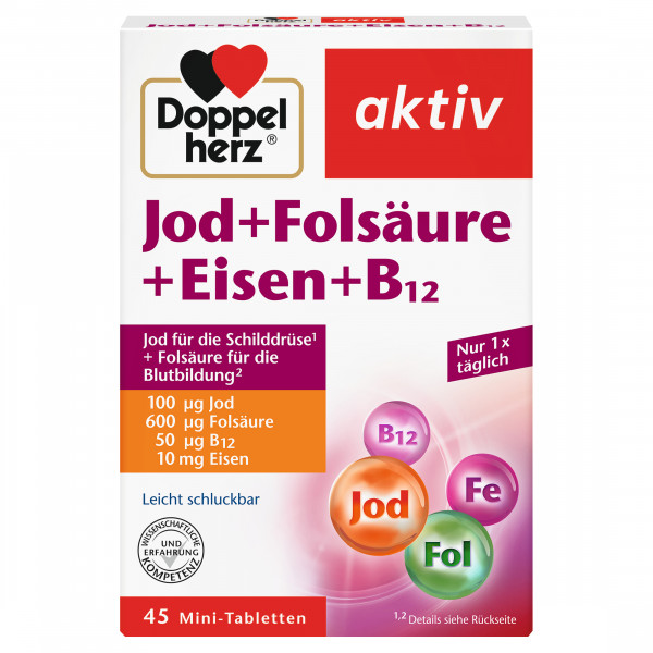 Doppelherz Jod + Folsaeure + Eisen + B12; 45 Tabletten, 20,4g, Nahrungsergänzung