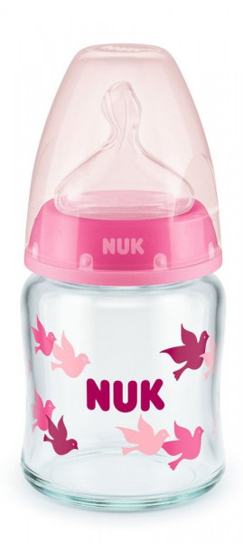 Glasflasche von NUK mit rosa Vögeln