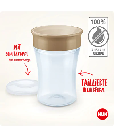 NUK魔力杯具有保护性的杯盖和防漏功能，是外出旅行的理想选择。